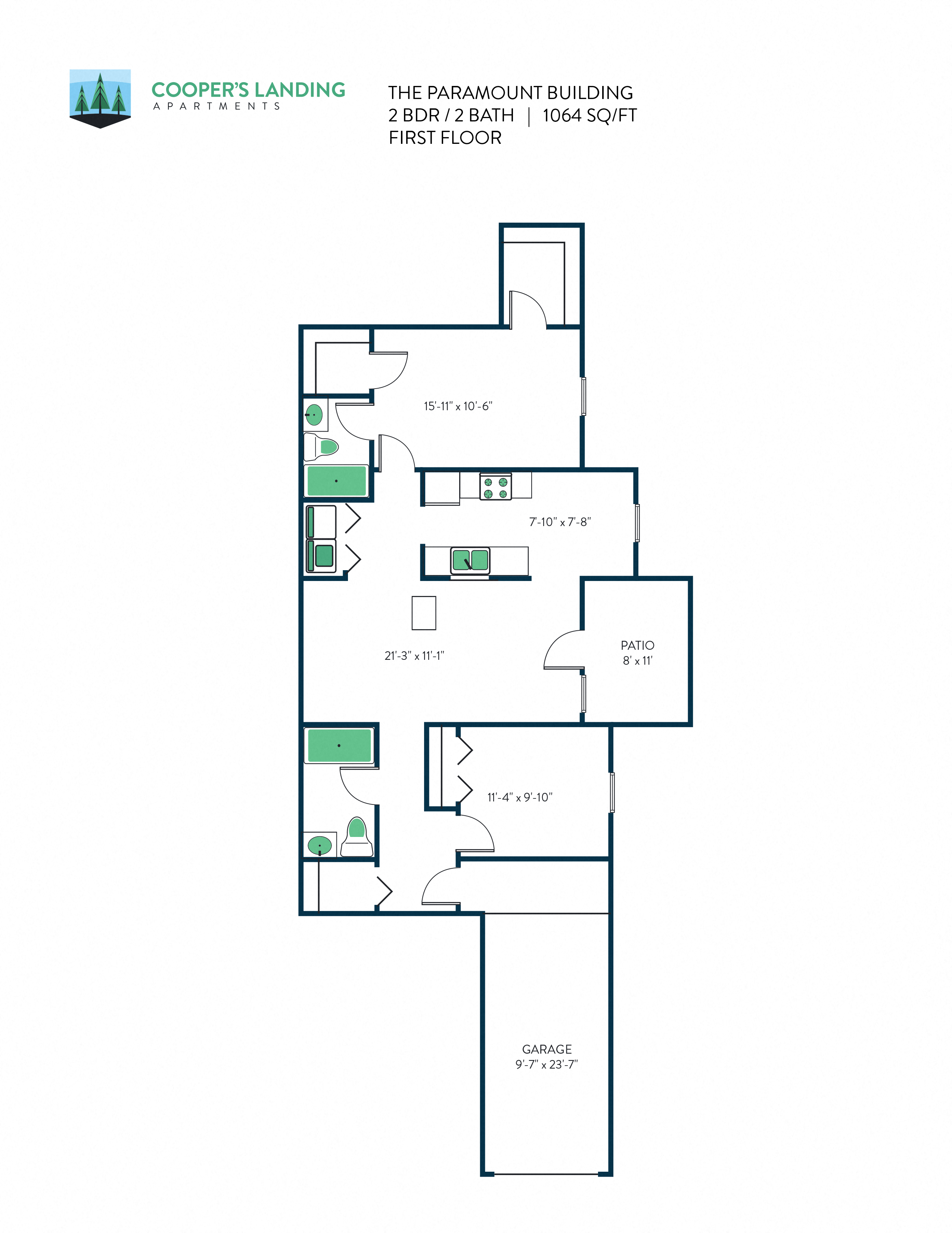 Floor plan for 2 beds, 2 baths, 1064 sqft
